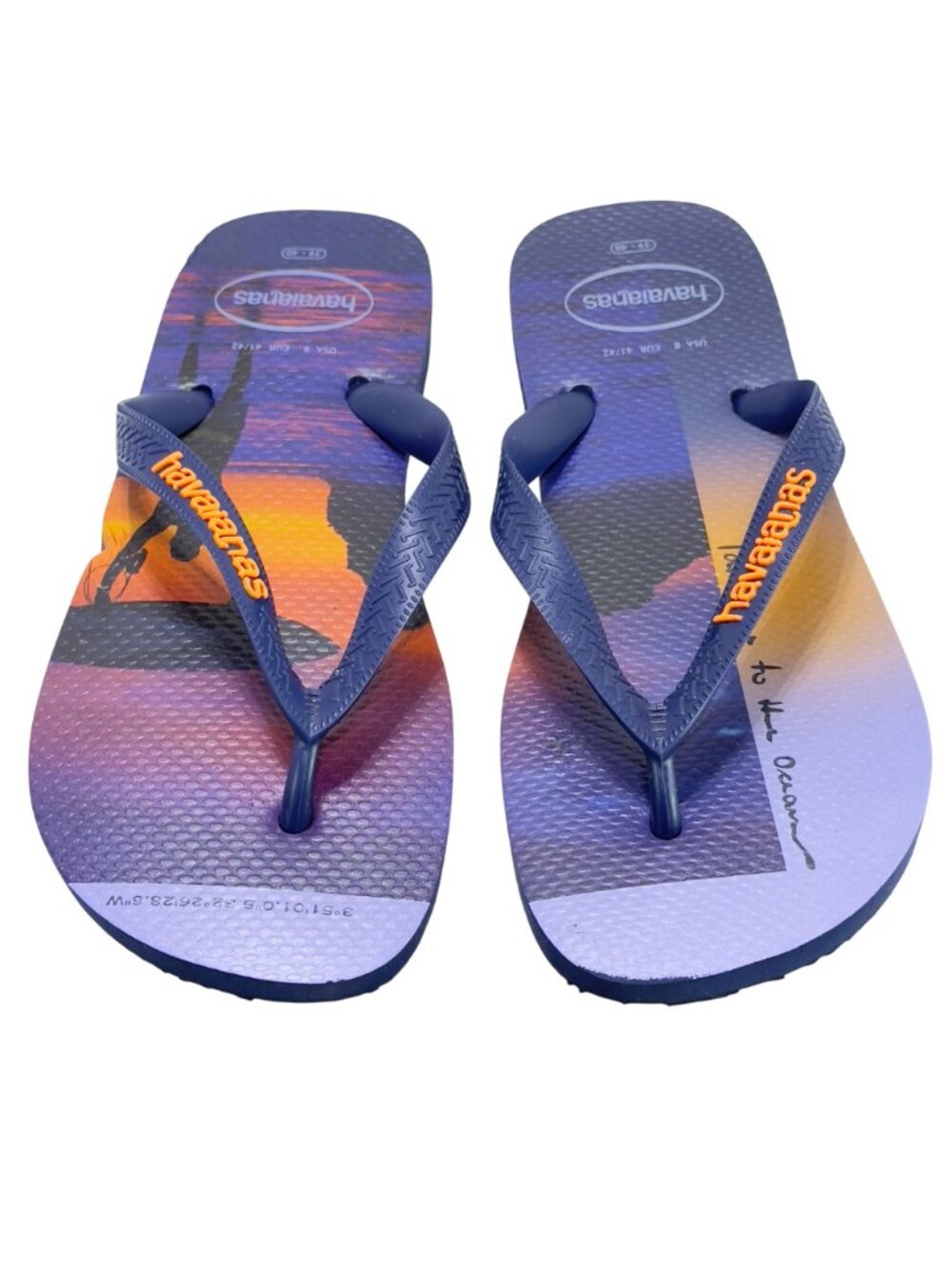 HAVAIANAS Men Surf Themed Flip Flops Navy Orange Rubber Beach Sandals Size 8US - Picture 2 of 11